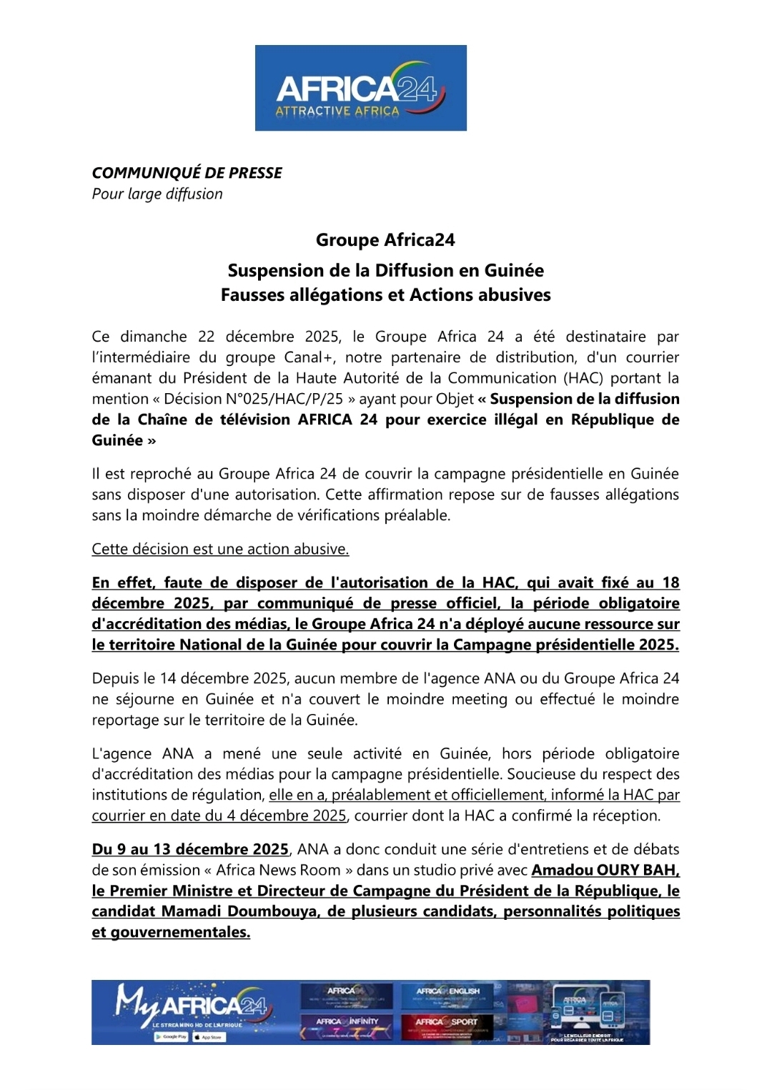 Médias : accusée d'exercice illégal en Guinée, la télé Africa24 dénonce une ''action abusive'' de la HAC 2 Screenshot 20251223 143400 LinkedIn